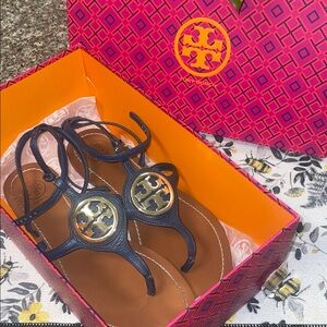 Tory Burch Dark Blue Sandals with Gold Logo